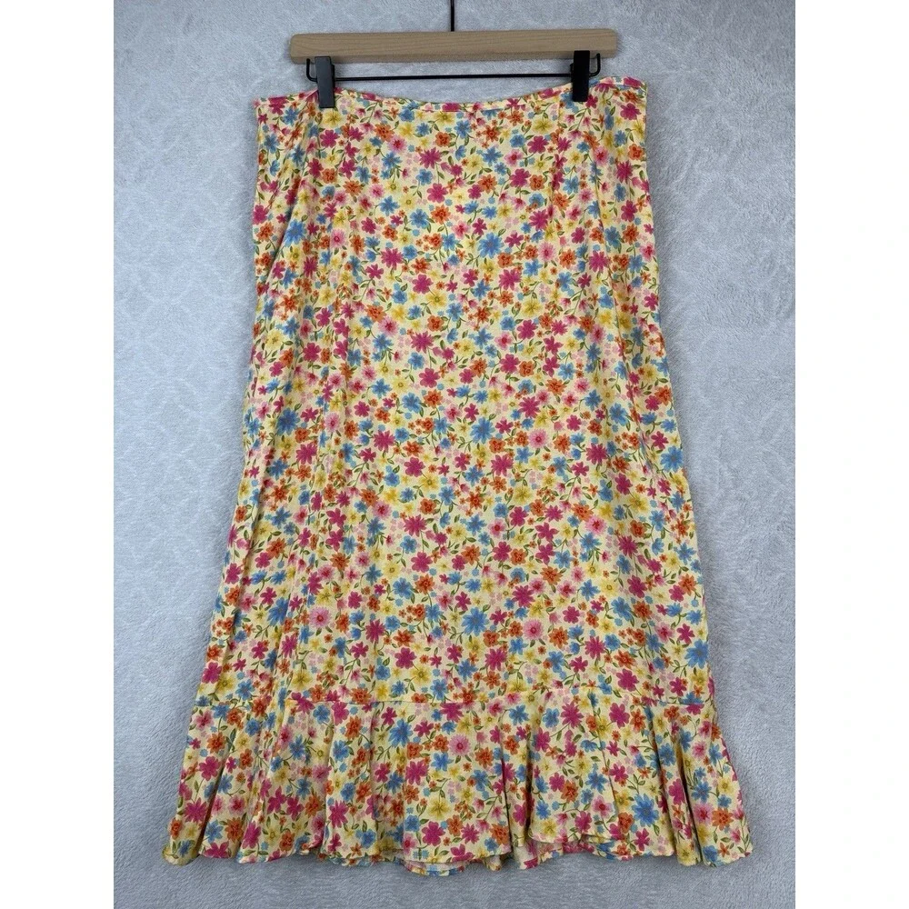 Chris&Banks Midi Skirt 14 Yellow Floral Cottagecore Feminine Modest Twee Vtg Y2K